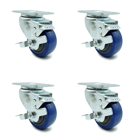Service Caster 3 Inch Blue Polyurethane Wheel Swivel Top Plate Caster Set with Brake SCC SCC-20S314-PPUB-BLUE-TLB-TP3-4